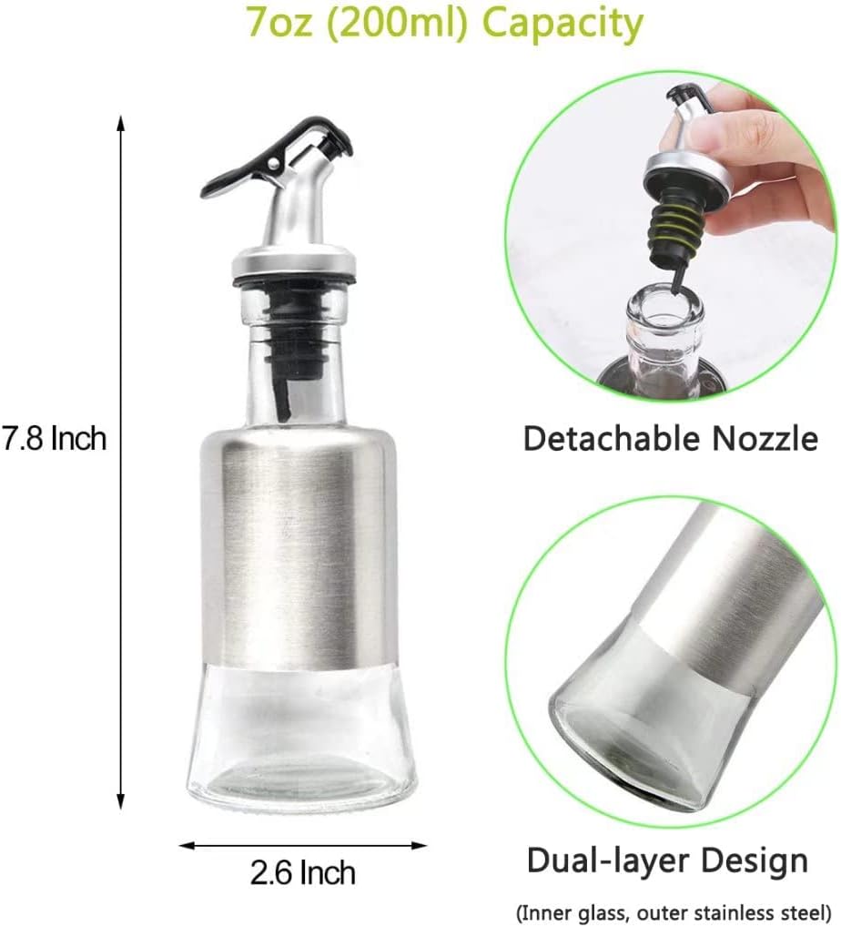 Mincham Olive Oil Dispenser - 7oz (200ml) Glass & Stainless Steel Oil & Vinegar Cruet with No-drip Spout & Pouring Funnel