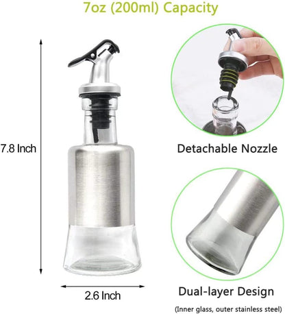 Mincham Olive Oil Dispenser - 7oz (200ml) Glass & Stainless Steel Oil & Vinegar Cruet with No-drip Spout & Pouring Funnel