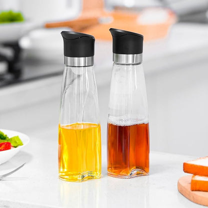 Premium Glass Olive Oil and Vinegar Dispenser Bottles Set, 2-Piece 16oz Kitchen Cooking Cruet with Auto-Open Lid, Non-Drip Pouring Spout, Oil Infuser Filter, Dishwasher Safe