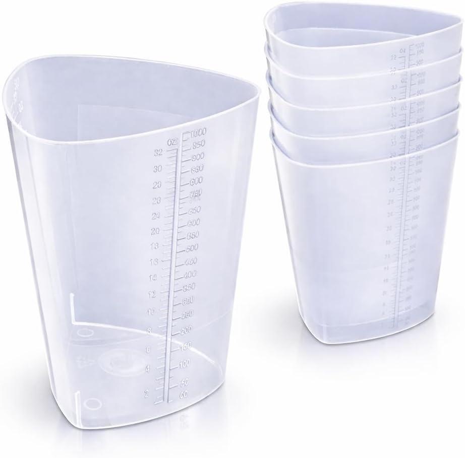 Vakly Plastic Graduated Triangular Intake Output Container [5 Pack] 32 ounce Three-Sided Translucent Laboratory Beaker for Measuring & Mixing - Clear Markings in oz & cc - for Specimen, Paint & Epoxy