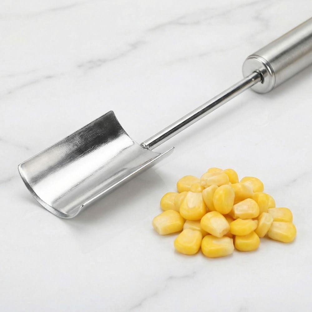 Stainless Steel Corn Stripper Tool – Long Handle Manual Kernel Peeler for Kitchen Use, Push-Down Design with Finger Protection, Dishwasher Safe