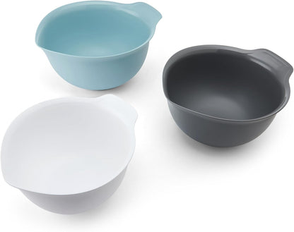 KitchenAid Universal Nesting Plastic Mixing Bowls, Set Of 3, 2.5 quart, 3.5 quart, 4.5 quart, Non Slip Base with Easy Pour Spout to Reduce Mess, Dishwasher Safe, Aqua Sky, White, Gray