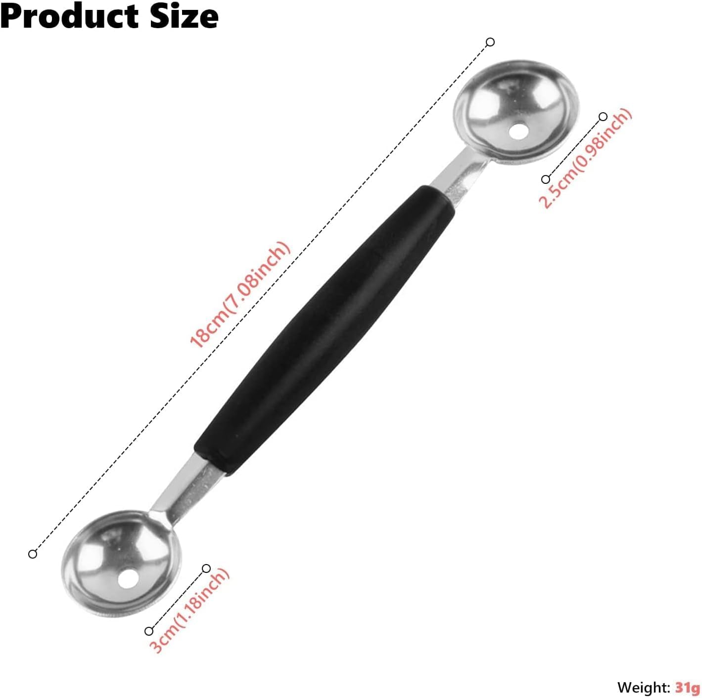 2Pcs Double-Sided Fruit Melon Baller Spoon 2 in 1 Stainless Steel Melon Ballers Melon Scoop for Watermelon Ice Cream Kitchen Utensils