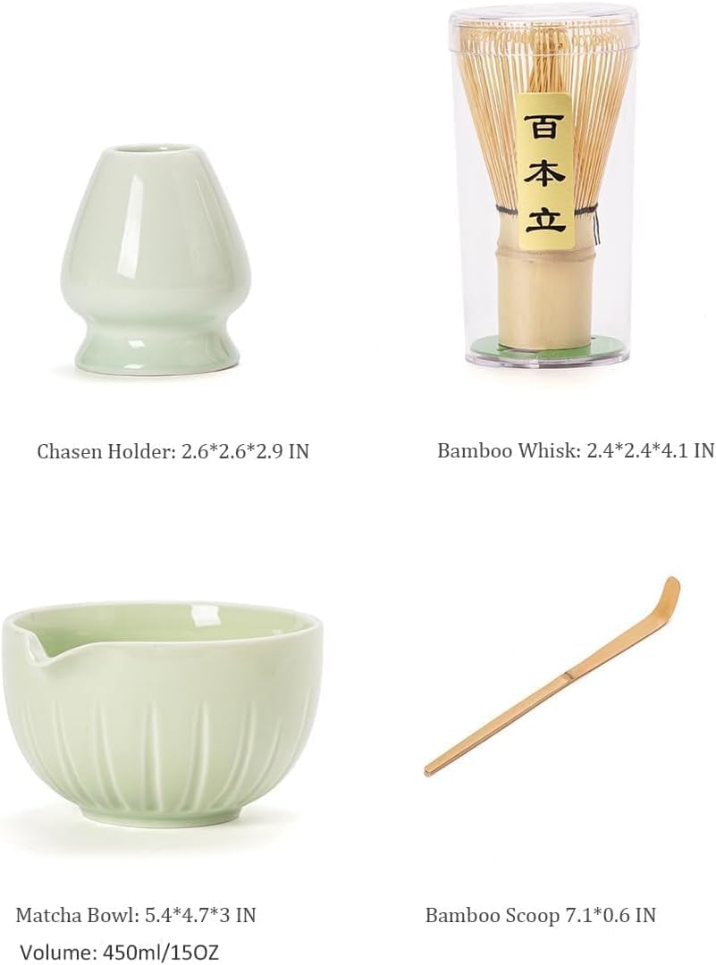 TANG PIN Matcha Set - Match Bowl and Whisk, 15 OZ, Matcha Scoop | Matcha Whisk Stand (Chasen Holder) - 4pc Perfect Matcha Kit for Matcha Tea Ceremony (Mottled Green)