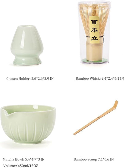 TANG PIN Matcha Set - Match Bowl and Whisk, 15 OZ, Matcha Scoop | Matcha Whisk Stand (Chasen Holder) - 4pc Perfect Matcha Kit for Matcha Tea Ceremony (Mottled Green)