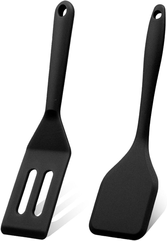 Mini Silicone Brownie Serving Spatula Set Flexible Non Stick Serve Turner Heat Resistant Cooking Spatula for Flip Eggs Crepe Steak Pizza Kitchen Utensil (Red, Black)