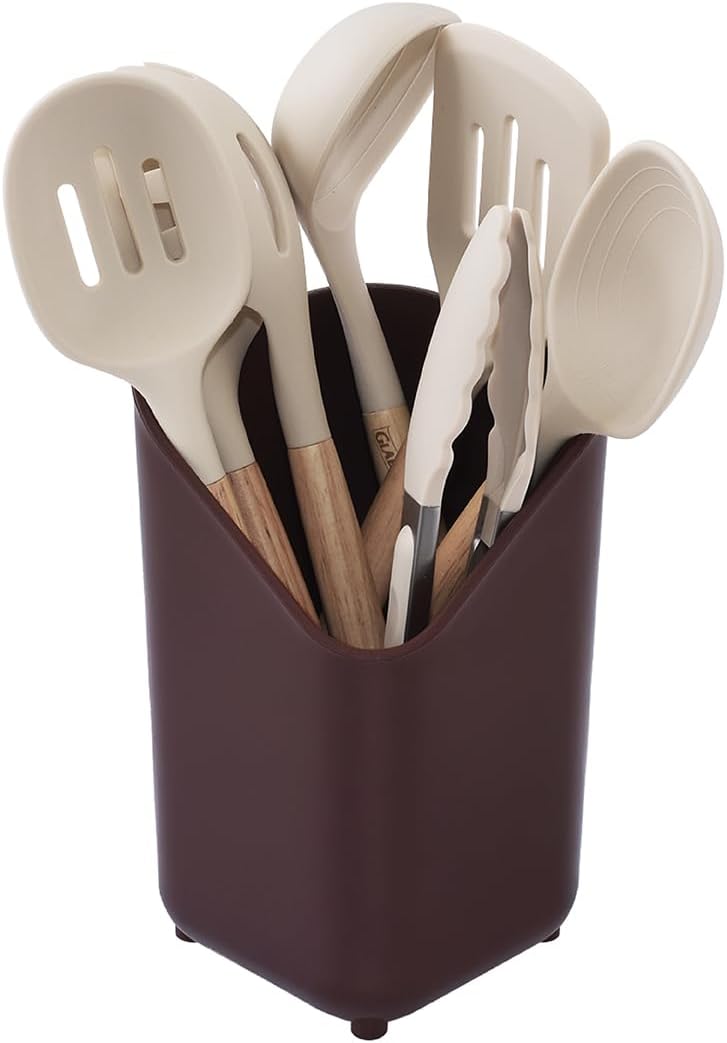 Glad Silicone Kitchen Utensils Set, 8pcs - Nonstick Cooking Tools with Wooden Handles and Utensil Holder - Spatula Set with Turner, Ladle, Spoons, Tongs, and Spaghetti Server - Beige