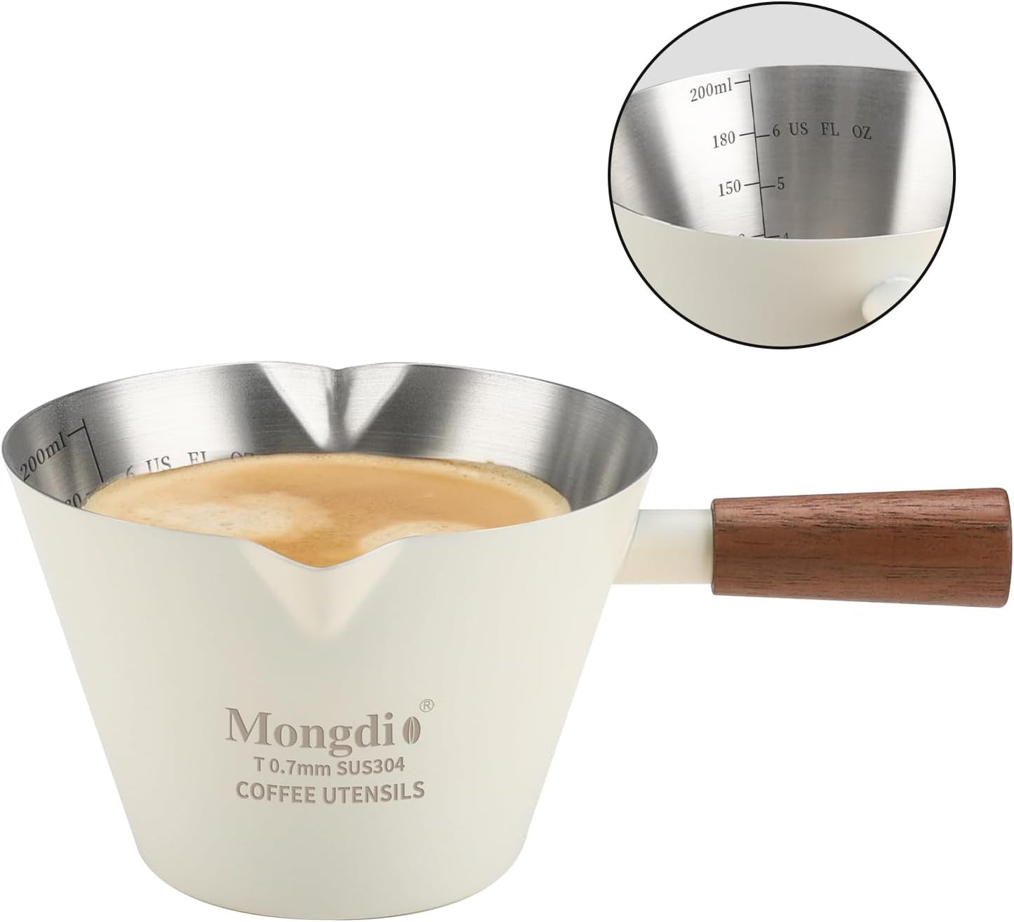 Mongdio Espresso Measuring Cup, Stainless Steel Espresso Shot Cups with Wooden Handle and Double Spouts, 6.8OZ/200ML, White