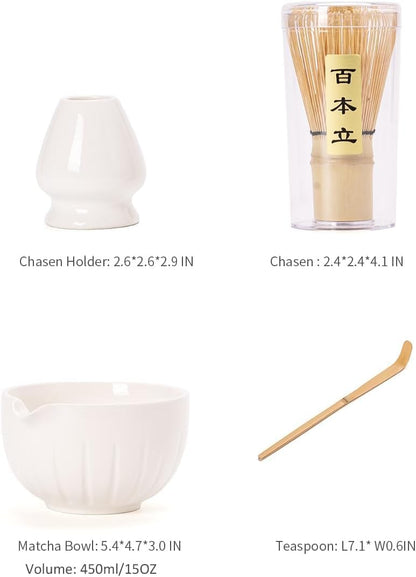 TANG PIN Matcha Set - Match Bowl and Whisk, 15 OZ, Matcha Scoop | Matcha Whisk Stand (Chasen Holder) - 4pc Perfect Matcha Kit for Matcha Tea Ceremony (Mottled Green)