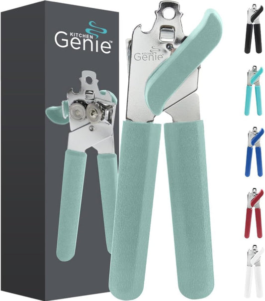 Kitchen Genie Slip Resistant Stainless Steel Manual Can Opener, Sharp Blade for Smooth Edge Cuts, Easily Open Cans, Ergonomic Handles with Easy to Turn Knob, Built-In Bottle Openers, Pitch Black