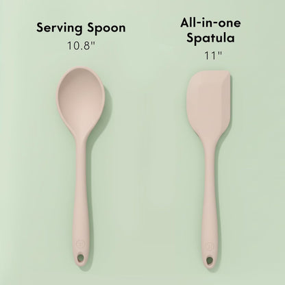 Non-Toxic Platinum Silicone Kitchen Utensil Set of 2 – Non-Scratch Cooking Spoon & Spatula, 100% Plastic Free, Stainless Steel Core, Heat Resistant 500°F, Beige