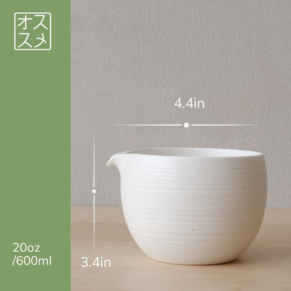 Matcha Whisk Set, Ceramic Matcha Bowl & Whisk Holder, Bamboo Accessory, Modern Design (Matte Crème, Pouring Spout) (Matte Crème)