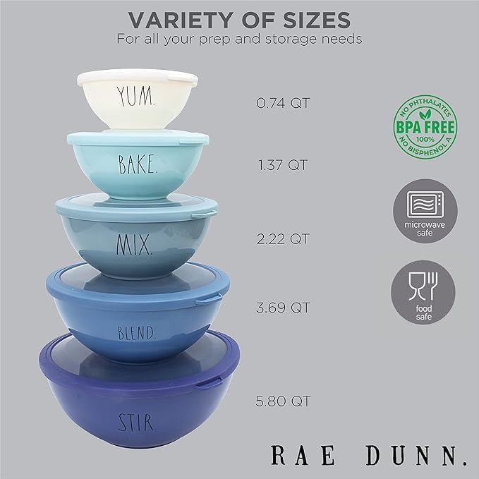 Rae Dunn Mixing Bowls with Lids - 10 Piece Plastic Nesting Bowls Set includes 5 Prep Bowls and 5 Lids (Sage)