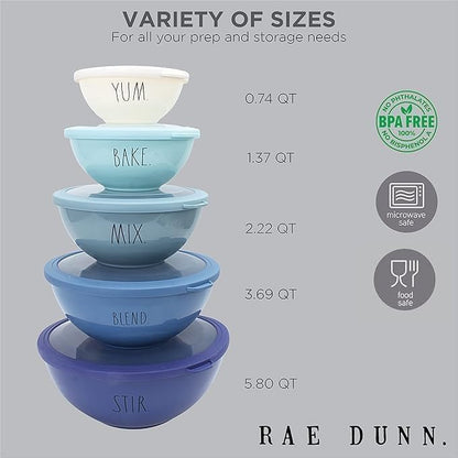Rae Dunn Mixing Bowls with Lids - 10 Piece Plastic Nesting Bowls Set includes 5 Prep Bowls and 5 Lids (Sage)