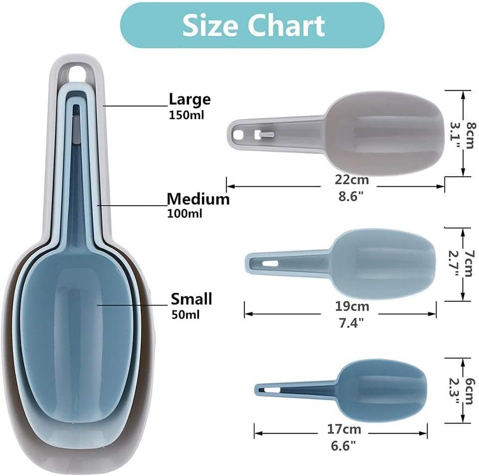 Set of 3 Ice Scoop, Plastic Kitchen Ice Scoop for Canisters or Ice Maker, Food Scoops for Canisters, Freezer, Flour, Dry Foods, Coffee Beans, Pop Corn, Pet Dog Cat Food (Blue)