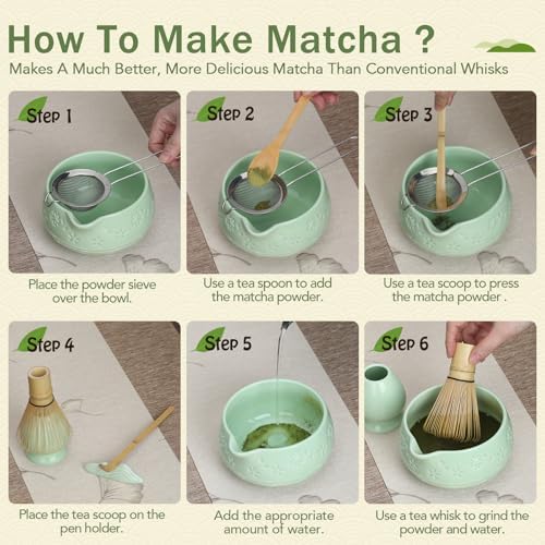 Matcha Whisk Set, Ceramic Matcha Set with Bowl, Chasen Holder, Scoop Rest, Sifter, 8-Pcs Japanese Ceremony Matcha Kit–Matcha Lovers Gift for Women Mom Girl Friend-Matcha Green