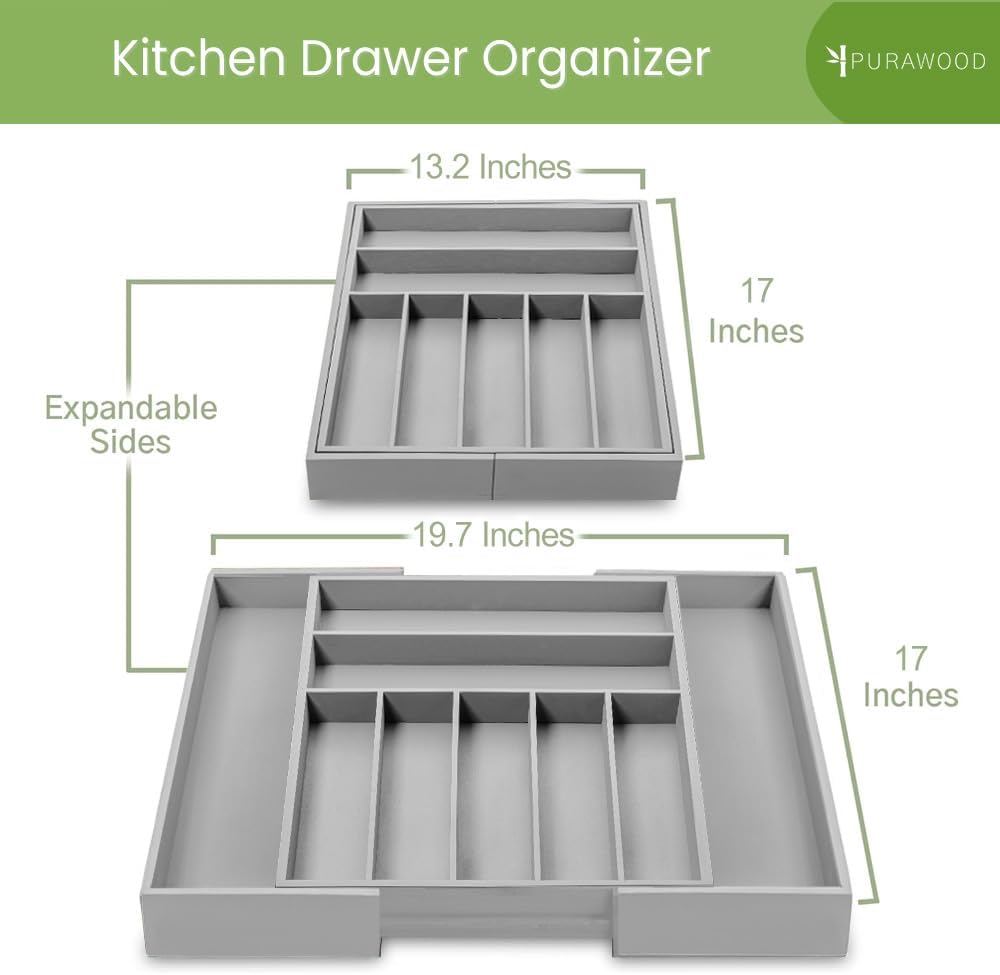 Purawood Bamboo Drawer Organizer - Expandable Silverware Organizer & Utensil Drawer Organizer, Cutlery Tray with Dividers, 7-9 Slots- Kitchen Organizer for Utensils & Flatware (Natural)
