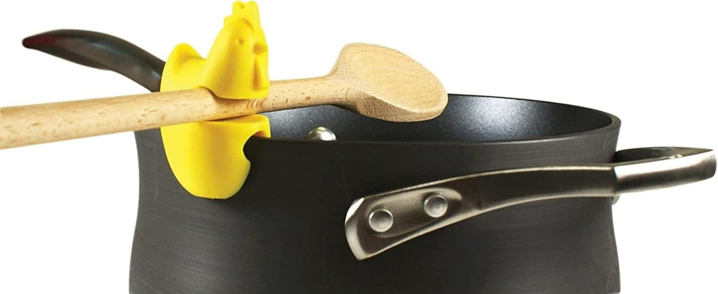 Fox Run Silicone Pot Clip Spoon Rest, Rooster and Pig, Set of 2, 2.75", Red and Pink
