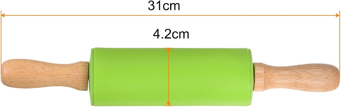 HARFINGTON Silicone Rolling Pins for Baking 12.2 Inch Non-Stick Silicone Surface Wooden Handle Rolling Pin Small Roller Playdough Rolling Pins for Fondant Kitchen Dough Pizza, Green
