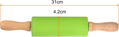 HARFINGTON Silicone Rolling Pins for Baking 12.2 Inch Non-Stick Silicone Surface Wooden Handle Rolling Pin Small Roller Playdough Rolling Pins for Fondant Kitchen Dough Pizza, Green