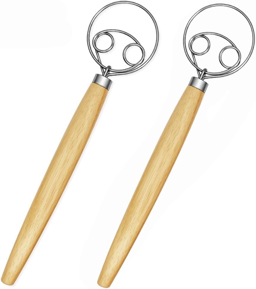 2 Pack Danish Dough Whisk 13inch Stainless Steel Wooden Handle Bread Hand Mixer for Sourdough Pizza Bread Baking Kitchen Whisking Mixing Tools