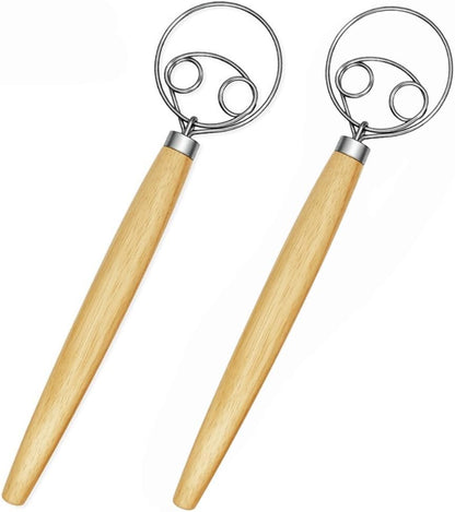 2 Pack Danish Dough Whisk 13inch Stainless Steel Wooden Handle Bread Hand Mixer for Sourdough Pizza Bread Baking Kitchen Whisking Mixing Tools