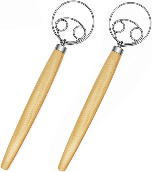 2 Pack Danish Dough Whisk 13inch Stainless Steel Wooden Handle Bread Hand Mixer for Sourdough Pizza Bread Baking Kitchen Whisking Mixing Tools