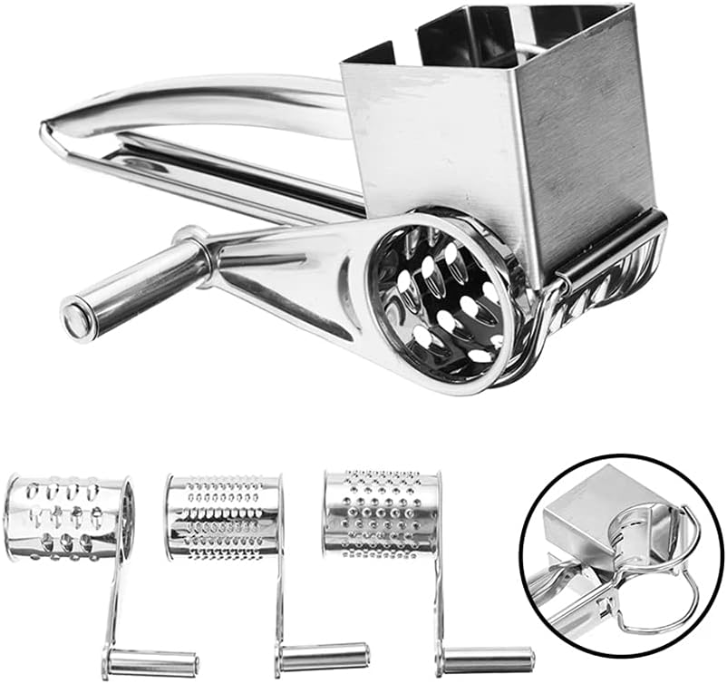 Mayata 1set Cheese Cutter Slicer Shredder with 3 Interchanging Rotary Ultra Sharp Cylinders Stainless Steel Drums & Slicer