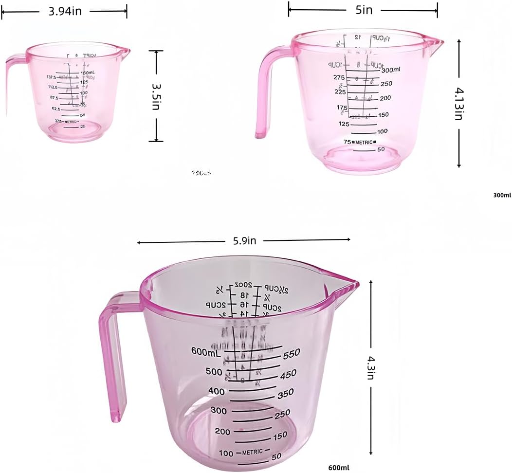 Pink Measuring Cups Set - 3pc 150ml/300ml/600ml，Liquid Measuring Cups for Baking & Cooking with Multiple Scales, with Handle and Triangle Mouth，Cute Pink Kitchen Accessories