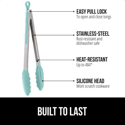 GORILLA GRIP Stainless Steel Heat Resistant Kitchen Tongs for Cooking, Set of 2 BBQ Tong, Non Scratch Silicone Tip for Pans, Strong Grip, Grab Food, Toss Salad, Air Fryer, Pull Lock, 7 + 9 Inch, Black