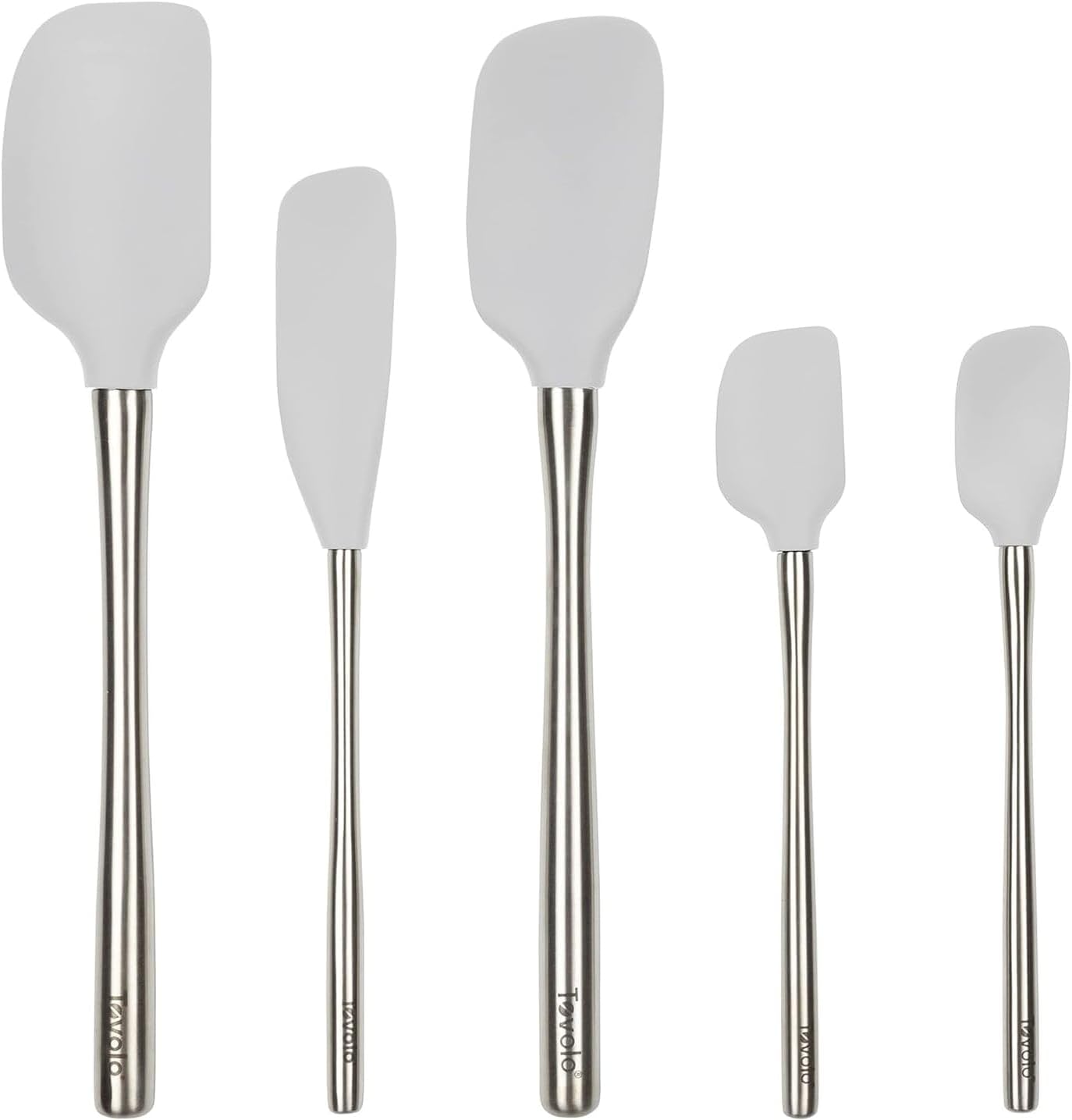 Tovolo Stainless Steel Handled Silicone Spatula Set of 5 White, Dishwasher Safe Kitchen Spatula Set for Cooking Baking, Non Toxic BPA Free Silicone Spatula set with Metal Steel Handle