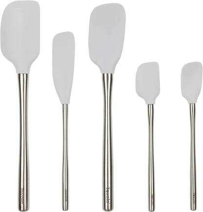 Tovolo Stainless Steel Handled Silicone Spatula Set of 5 White, Dishwasher Safe Kitchen Spatula Set for Cooking Baking, Non Toxic BPA Free Silicone Spatula set with Metal Steel Handle