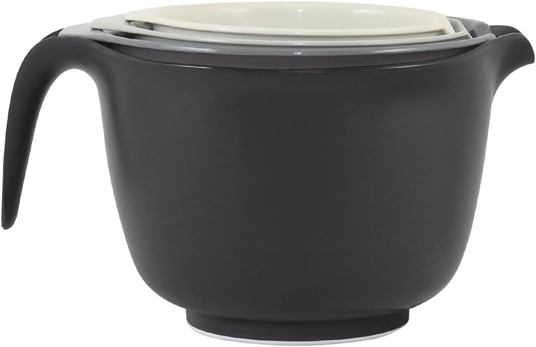 Glad Mixing Bowls with Pour Spout, Set of 4 - Nesting Plastic Bowls (1.2qt, 1.9qt, 2.8qt, and 3qt with Handle) - Non Slip Base, Dishwasher Safe Kitchen Cooking and Baking Supplies, Grey
