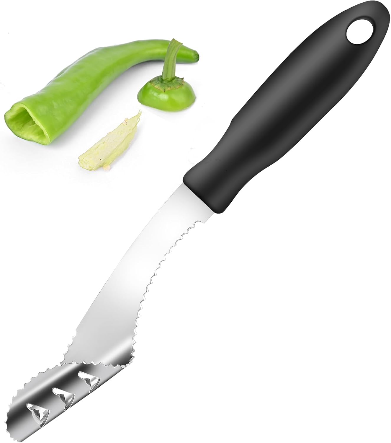 Rainspire 2-in-1 Jalapeno Corer, Stainless Steel Pepper Seed Remover with Serrated Edges, Comfortable Rubber Handle - Black