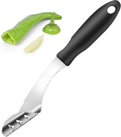 Rainspire 2-in-1 Jalapeno Corer, Stainless Steel Pepper Seed Remover with Serrated Edges, Comfortable Rubber Handle - Black