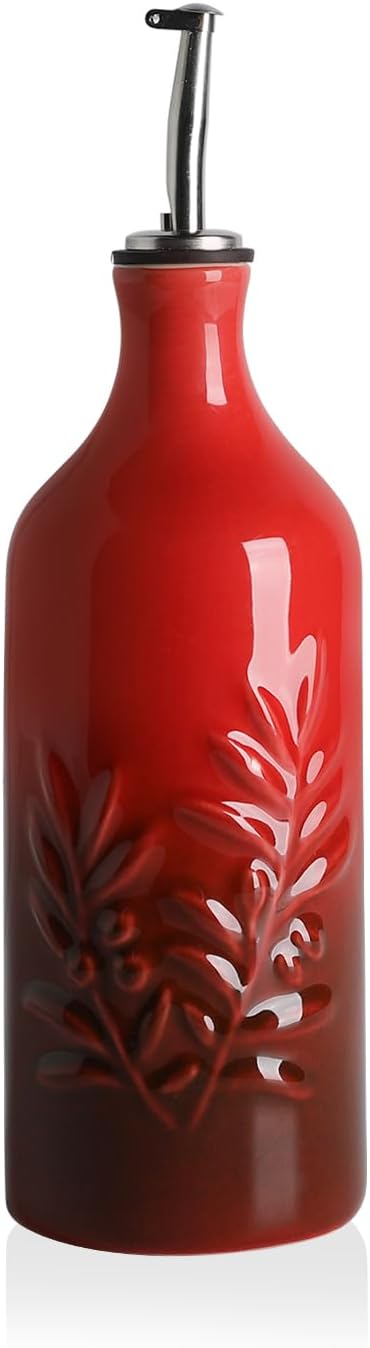 Sweejar Ceramic Olive Oil Dispenser Bottle 20 Oz Relief Opaque Oil Cruet Protects To Reduce Oxidation Suitable for Storage Vinegar, Soy Sauce, Coffee Syrup, Liquids, Set of 1 (Beige Gold Spout)