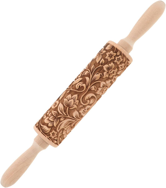 Embossed Rolling Pin for Baking Wooden Pastry Roller with Intricate Floral Patterns for Cookies Fondant and Dough for Weddings Holidays and Special Occasions