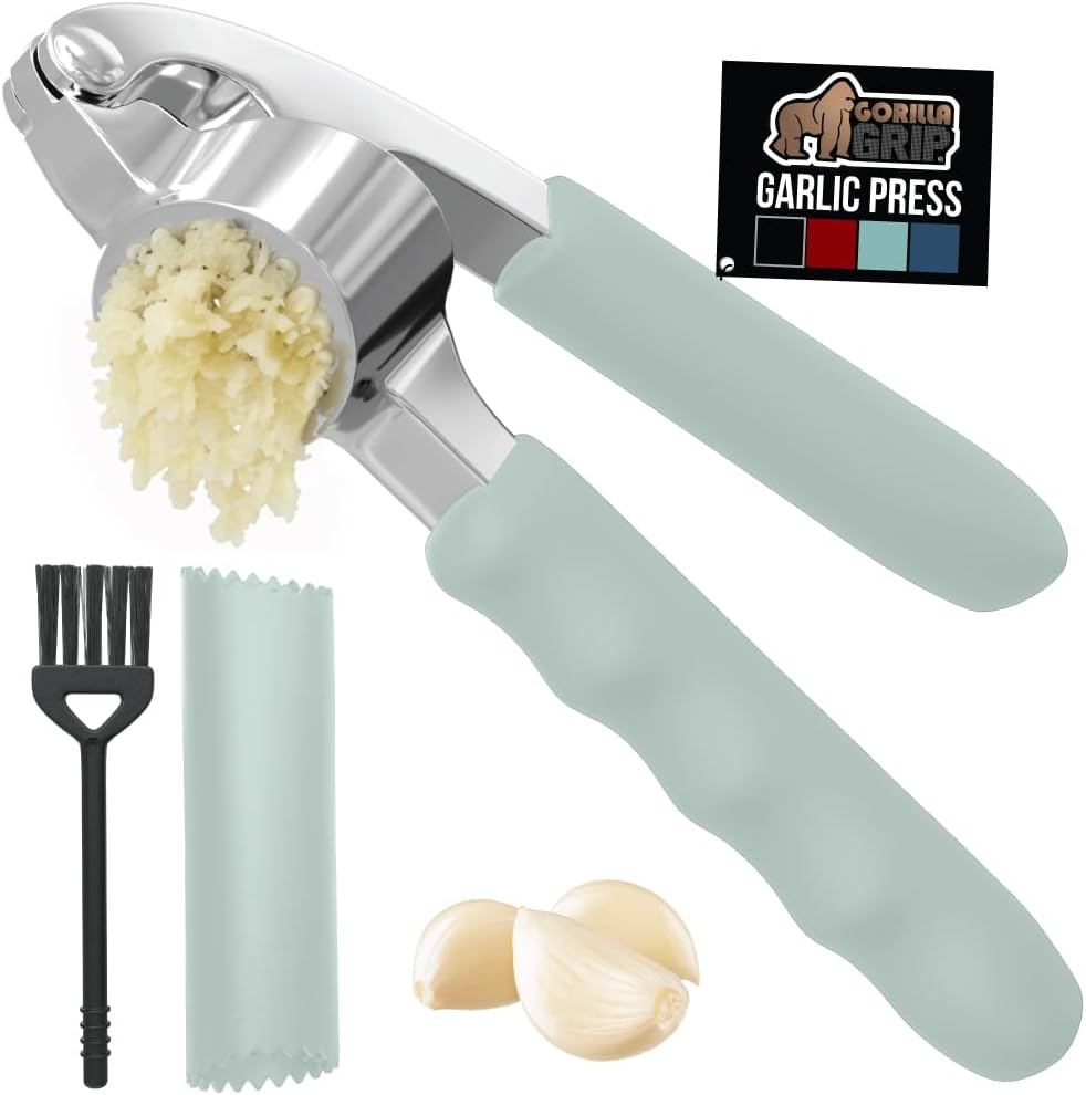 GORILLA GRIP Garlic Press and Peel Set, Heavy Duty Mincer Tool, Large Ergonomic Handle, Easily Mince and Crush Garlics, Ginger, Nuts, Seeds, Peeler Included, Peeling Cloves, Kitchen Gadgets, Red