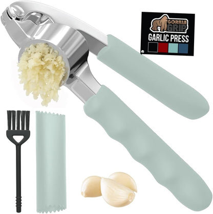 GORILLA GRIP Garlic Press and Peel Set, Heavy Duty Mincer Tool, Large Ergonomic Handle, Easily Mince and Crush Garlics, Ginger, Nuts, Seeds, Peeler Included, Peeling Cloves, Kitchen Gadgets, Red
