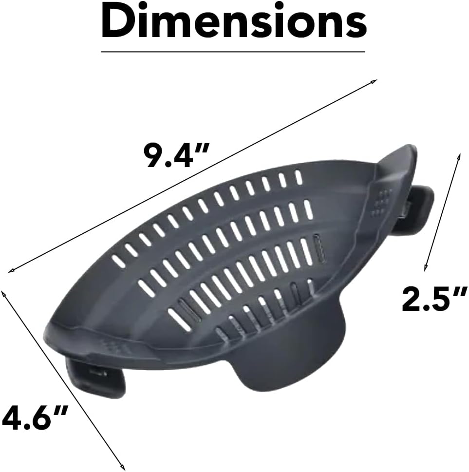 Clip‑On Pot Strainer Silicone Gray Dishwasher‑Safe Side‑Mount Design 9.4×4.6×2.5 Inches | Snap Drain Colander for Pans Bowls Skillets | Heat‑Resistant Kitchen Gadget Splash‑Guard