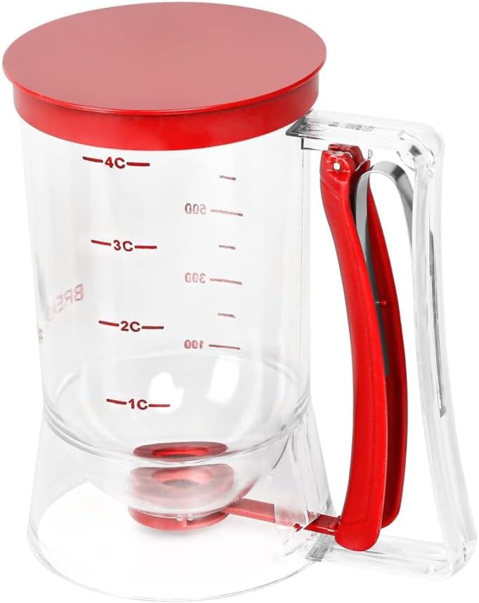 Leilanis Breadleaf Batter Dispenser for Pancakes, Waffles, Cookies, Cakes, Set 6 pcs Griddle BreakFast Kit Egg Rings and Oil Brush 4 Cup Capacity (Red)