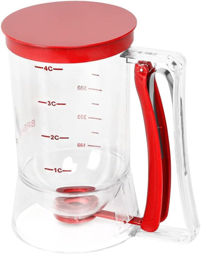 Leilanis Breadleaf Batter Dispenser for Pancakes, Waffles, Cookies, Cakes, Set 6 pcs Griddle BreakFast Kit Egg Rings and Oil Brush 4 Cup Capacity (Red)