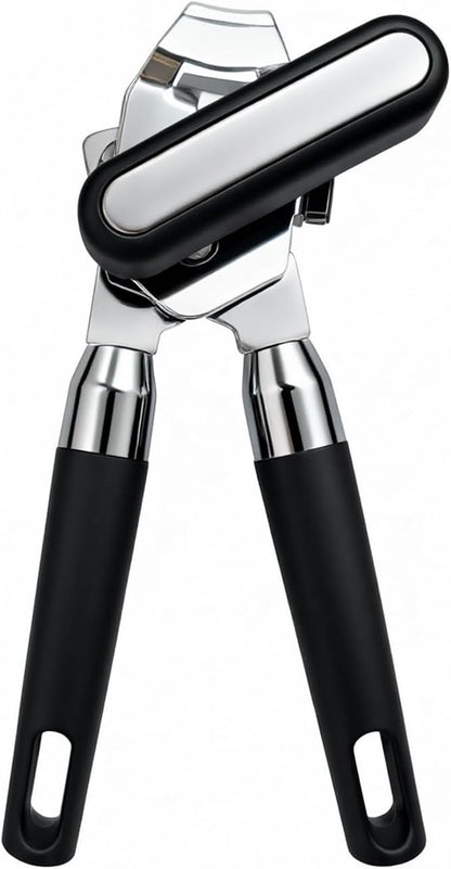 Stainless Steel Manual Can Opener with Bottle Opener - Razor Sharp Cutting Wheel, Soft Ergonomic Grip Handles, Oversized Easy-Turn Knob, Smooth Edge Safe Operation, Black