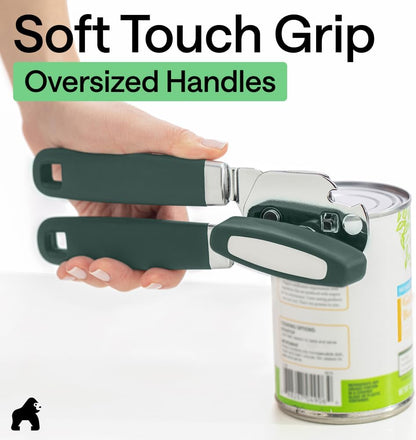 GORILLA GRIP Heavy Duty Stainless Steel Smooth Edge Manual Can Opener and Bottle Openers, US Designed, Soft Comfortable Handle, Oversized Handheld Turn Knob, Multifunctional Kitchen Tool, Black