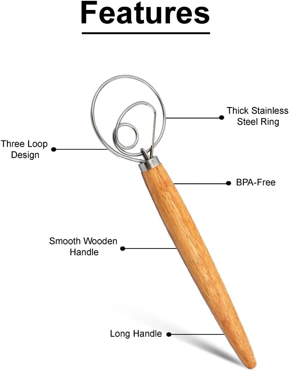33cm Danish Dough Whisk Stainless Steel – Heavy Duty Bread Dough Mixer Tool with Wooden Handle for Baking Pizza, Sourdough, Cookies & Pastry – Easy to Clean & Rust Resistant