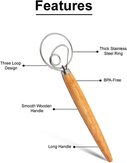 33cm Danish Dough Whisk Stainless Steel – Heavy Duty Bread Dough Mixer Tool with Wooden Handle for Baking Pizza, Sourdough, Cookies & Pastry – Easy to Clean & Rust Resistant
