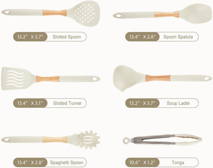 Kitchen Utensils Set - 34 PCS Non-Stick Silicone Cooking Utensils Set Spatula Set with Holder, Wooden Handle Spoon,Brush,Whisk Kitchen Gadgets Tools Set for Nonstick Cookware (Cream White-34P)