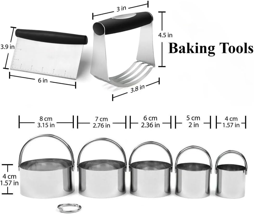 4 Pcs Stainless Steel Biscuit Cutter Set,Including Flour Duster,Pastry Scraper and Dough Blender,Sturdy & Long-Lasting with Ergonomic Rubber Grip,Professional Baking Dough Tools