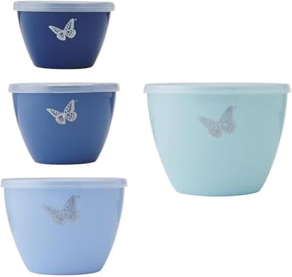 Dolly Parton Prep Bowl Set with Lids, 4 Piece Blue Butterfly Design, Airtight Storage, Mixing and Serving Bowls, Dishwasher Safe, 1 Through 4 Cup Sizes