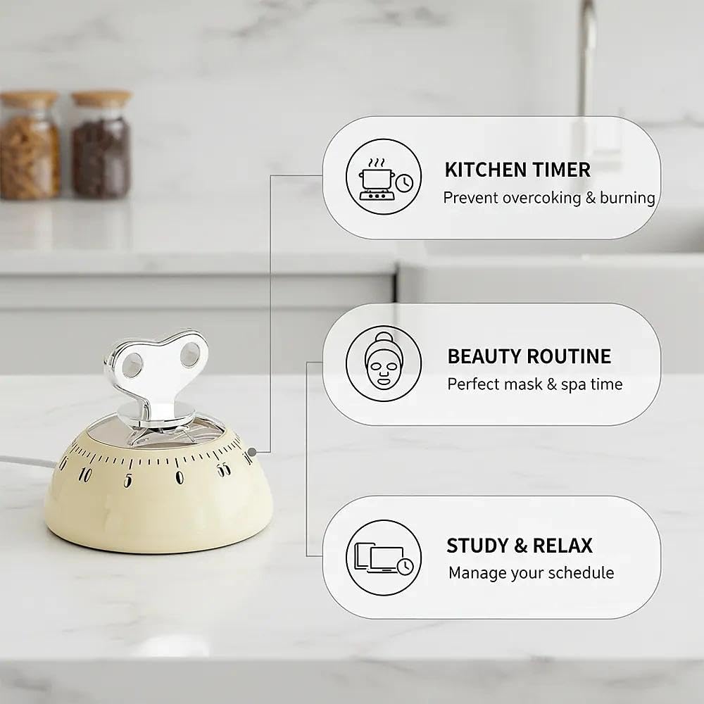 Retro Kitchen Timer Magnetic Mechanical 60 Minute Wind Up Timer No Batteries, Loud Alarm Timer for Cooking, Baking, Classroom, ABS Portable Kitchen Timer, Magnetic Mechanical Timing(White)